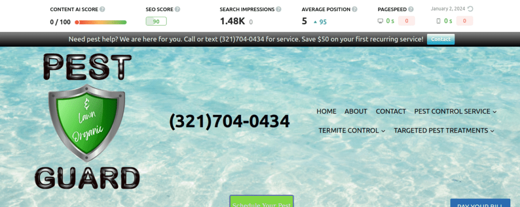 This pest control site, www.321Pest.com in the 5th average position 5 months after launch. This pest control recieved these impressive online results with 5 billion dollar pest control companies and 32 million dollar competitor companies in their service area. We can help you get a bigger piece of the pie too!